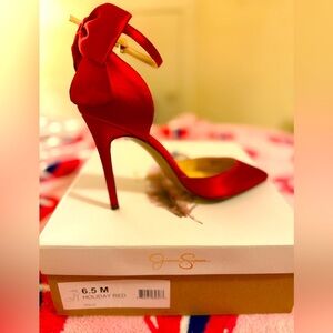 Jessica Simpson Holiday Red Satin Bow Pointed-Toe Stiletto Heels